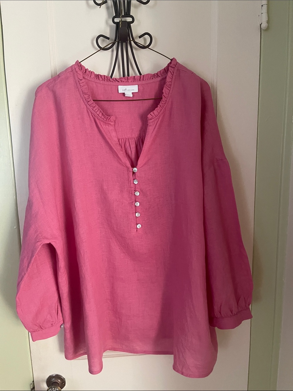 J. Jill Pink Ruffle-Neck Linen Button Tunic
